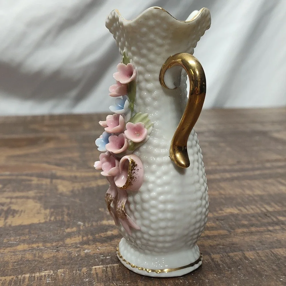 Vintage Miniature Hobnail Vase White Porcelain w/ Handles Pastel Pink blue gold
